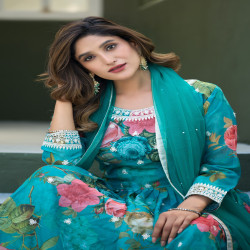 Premium Designer Floral Printed Taby Silk Readymade Gown with Net Dupatta